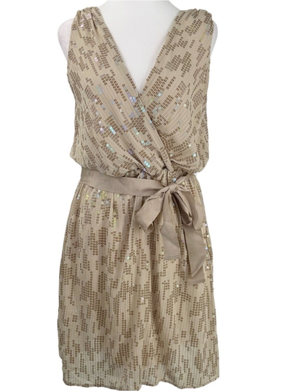 Express Beige Cream Deep V Neck Sequin  Dress